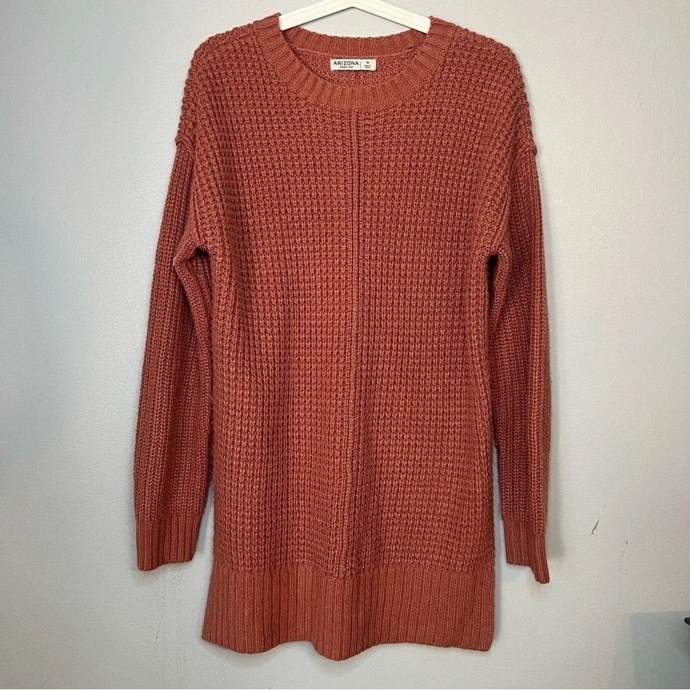 Arizona Jean Co Women's Knit Sweater Pink Sz M Stretch Waffle Longline Boho fall